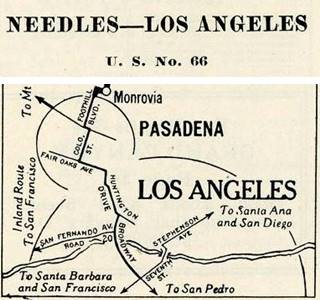 detail from c.1930 Route 66 map Needles Los Angeles. Click to Enlarge 1930 roadmap of US 66 showing its course from Pasadena to Los Angeles