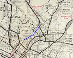 1930 map of Los Angeles black and white with some color additions, roads in Los Angeles, detail. 1930