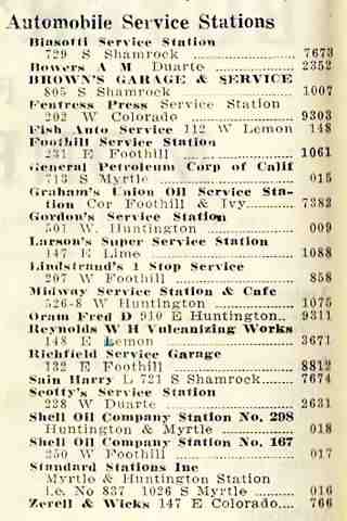 1934 phone directory with Monrovia Service Stations 1934 phone directory of Monrovia detail of Autmobile Service Stations text on yellow paper