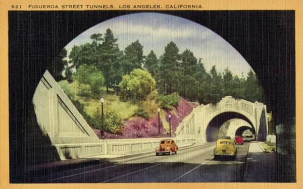 Figueroa St. Tunnels postcard c.1940 Los Angeles CA Route 66 color linnen postcard, cars drive through tunnels along highway with 2 lanes each way, hill with plants and shrubs