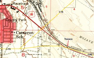 1953 and 1956 USGS maps of Nebo and Barstow with overlay of modern freeways