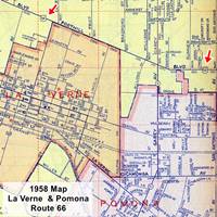 thumbnail of 1956 Roadmap La Verne and Pomona CA. Click to Enlarge 1956 color map with Roads and Route 66 in La Verne and Pomona CA