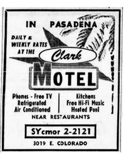 black and white motel ad in 1959 Pasadena Phone Directory, text and image