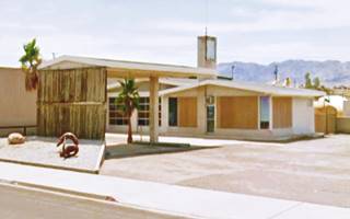 gable roof building, former Shell station, with gable roof canopy