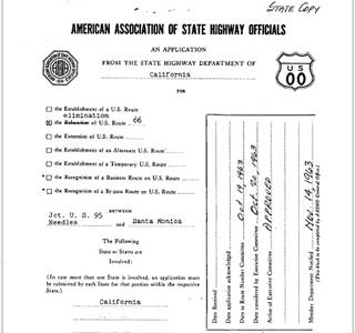 Route 66 terminus moved in 1964 to Needles text requestsing the elimination of Route 66 from Santa Monica to Needles, 1964