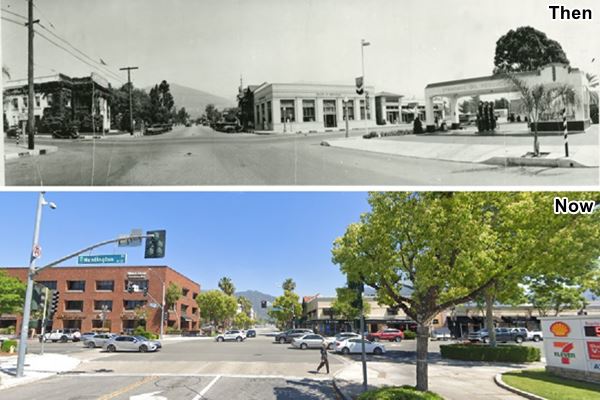 1st Ave and Huntington Dr. 1930s Arcadia CA Route 66 Top: Looking north along 1st St. at Huntington, black and white c.1930, city hall upper left, gas station right, buildings, mountains in the distance Arcadia CA. Bottom: color view 2022 of same spot, buildings, people, cars