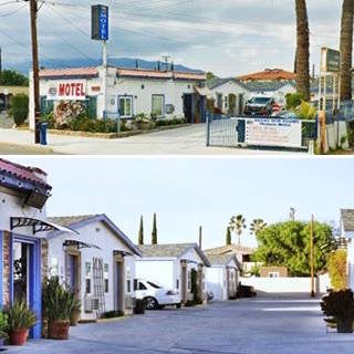 top: motel with palms, and sign seen from US66, bottom: view of gable roof cabin units