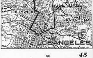 ASCS roadmap 1933 LA black and white roadmap of Glendale, Alhambra, Pasdena and Los angeles showing main streets and US hwy shields. Automobile Club of Southern California, 1933