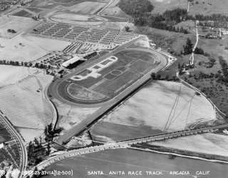 Santa Anita racetrack 1937 aerial view Santa Anita racetrack and Huntington Dr, and Rte 66 seen from the air in a black and white 1937 aerial photo