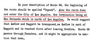 1927 letter, US 66 route in California. Click to Enlarge black and white text with US 66 route in California April 1927