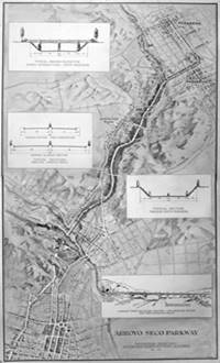 Arroyo Seco Parkway 1936 painted map map, black and white, painted depicting the Arroyo Seco Parkway and other streets from Pasadena to Los Angeles. 1936
