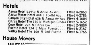 hotels 1949 Azusa CA phone book black and white text listing of the hotels in Azusa telephone directory of 1949