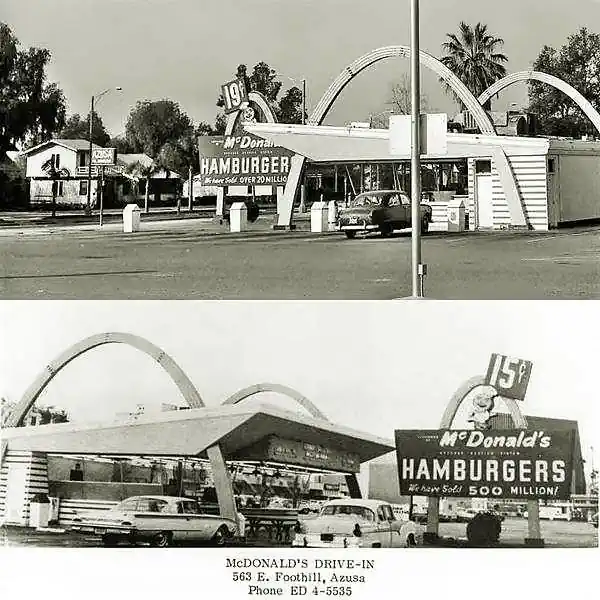 1950s McDonalds in Azusa CA, US Route 66 two 1950s views of a McDonalds with golden arches, car, signs, buildings