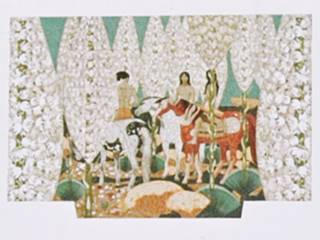 white wall of a bank with a square mural depicting native American people on it