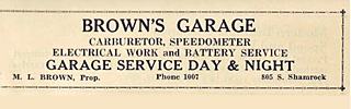 Brown garage and service station phone directory advertisement black on yellow a 1934 phone book ad of Brown garage and service station
