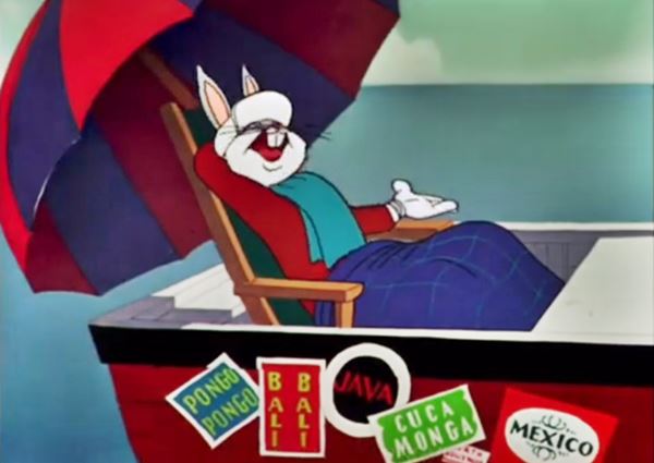 color still from cartoon, Bugs Bunny in a rowing boat with parasol and stickers of destinations on its board, among them Cuca Monga