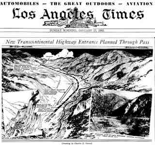 diagram of the 1932 Route 66 realignment in Cajon Pass black and white newspaper article, 1932 showing how US66 will be improved and raligned in Cajon Pass, with a birds-eye-view