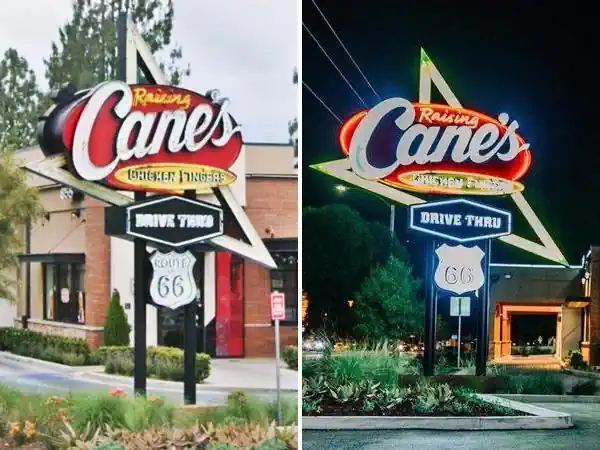 Raising Canes retro neon sign Route 66, Azusa color, 2024, day and night views of retro neon sign with arrow, red oval black hexagon and Route 66 shield