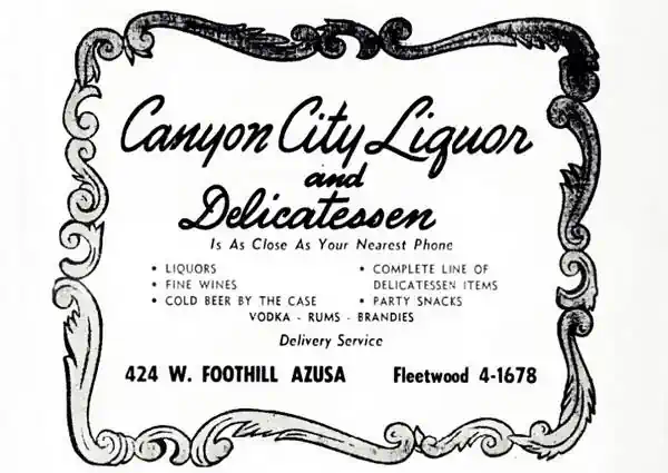 Canyon City Liquor store and Delicatessen, 1949, US66 Azusa 1949 phone book ad liquor store - delicatessen with text