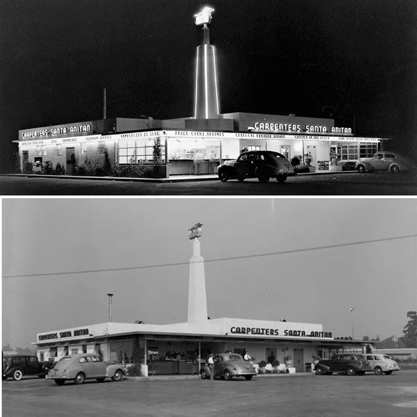 1940s view Carpenter’s Drive In, day and night. Arcadia CA Route 66 top: night view lit up, cars parked at a drive in with a vertical steeple. Bottom: same building with cars during daytime. Carpenter’s Santa Anitan. Black and White, 1940s Arcadia CA