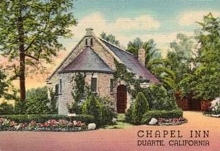 1940s postcard Chapel Inn Duarte CA color linnen postcard 1930s. Stone Norman style chapel surrounded by trees