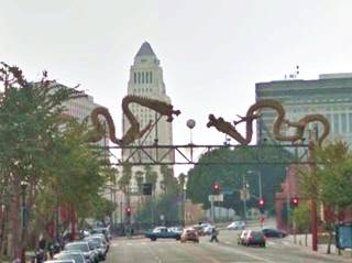 Chinatown gateway and City Hall, looking west along N Broadway, Los Angeles, Route 66 California