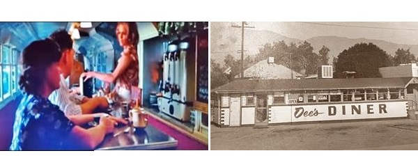 top: color still from movie in a narrow diner. Bottom: diner in a sepia picture, it is made from an old bus, homes behind it