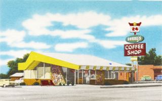 Denny’s Coffee Shop postcard c.1960 Monrovia color linnen 1960 postcard gable roof modern building, neon sign DENNY’s COFFEE SHOP