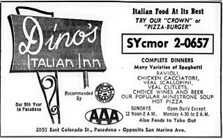 1959 phone book ad, text and image, DINOs ITALIAN INN, black and white