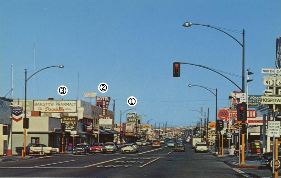 Downtown Barstow 1950s street, buildings, neon signs, cars, Barstow c.1950s