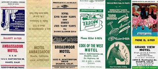1950s matchcovers of 5 motels of Duarte CA