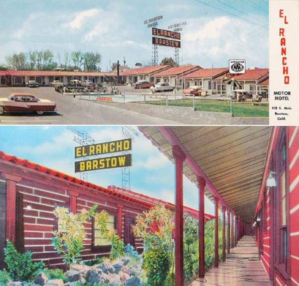 two views of El Rancho motel c.1950s Barstow CA combined image: top, motel, pool 1950s cars gable roofed units, sign: EL RANCHO. Bottom: color 1950s postcard rooms with garden walls made of railroad ties