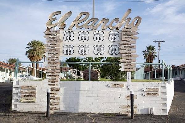 Rancho Motel sign on Route 66 in Barstow, California
