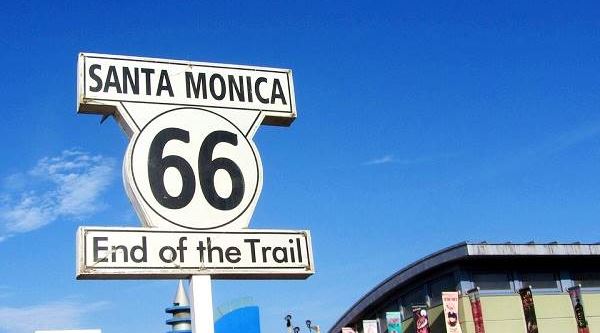 The end of the trail sign of Route 66 on the pier in Santa Monica