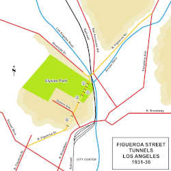 map showing the Figueroa Tunnels in LA Color map showing main roads and the parts of the Figueroa Tunnels project