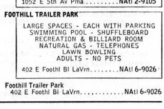 Foothill Trailer Park ad, 1959 black and white 1959 telphone directory text ad of the FOOTHILL TRAILER PARK