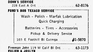 1948 ad, Ford Texaco black and white, 1948 phone book ad, Bob Ford Texaco Cucamonga US66