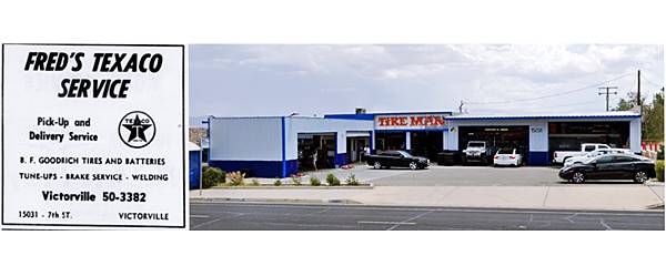 composite image. Left: 1959 phone directory ad of Freds Texaco, Right: tire shop, former gas station