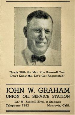 Graham Union staion 1930s ad, Monrovia CA man with spectacles in a printed ad with photo of JOHN W. GRAHAM UNION OIL SERVICE STATION in MAP OF MONROVIA 1930s