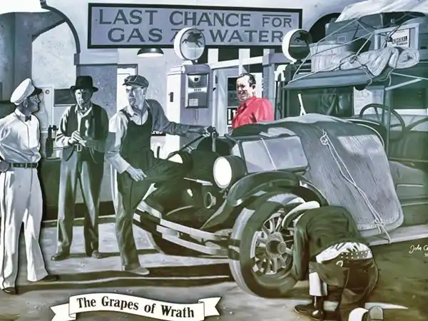 billboard with scene from Grapes of Wrath movie, gray tones, Steinbeck in color