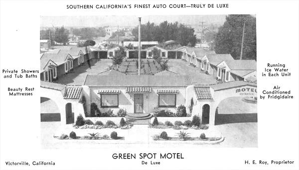 Old 1940s postcard showing the Green Spot Motel on Route 66 in Victorville, California