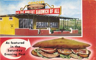 Grinders Drive In, US66 1958 Upland CA color, 1958 painted postcard of a drive in selling Grinders