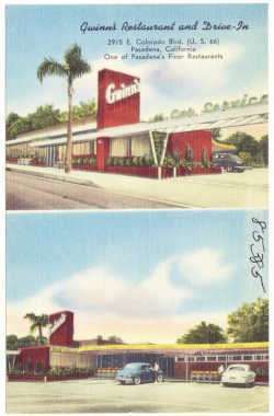 color linnen, double postcard 1940s. Modern building with flat wall with name GWINN’s written on it, palm tree, parking area beyond, drive in with flat canopy