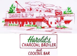 red drawing on white of a long single story building with text HAROLD’s CHARCOAL BROILER AND COCKTAIL BAR