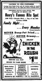 1959 Henry’s newspaper ad black and white newspaper ad of Henry’s with an image of a hen with a golf club and ball, 1959