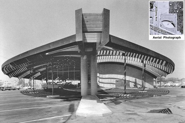 black and white c.1957, cars parked by arching structure with beams and curved roof. Inset shows aerial view, 1959 of this building