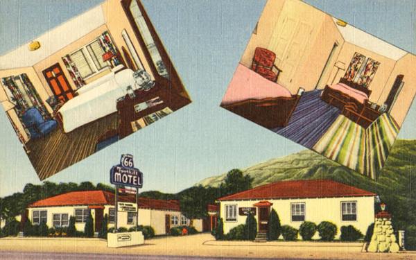 1940s Hi Way 66 Foothill Motel, Duarte CA Route 66 color linnen 1940s postcard, insets show room, bottom: hip roofed buildings, neon sign, trees, mountains beyond, US 66 in front