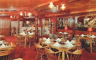 Hickory Inn 1960s postcard, Glendora color photo postcard, 1960s wood decorated dining room of a restaurant tables chairs