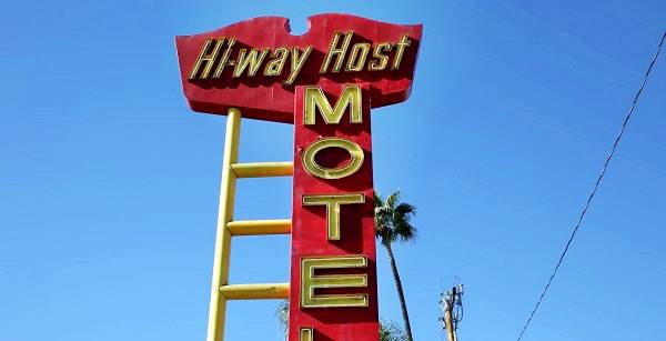 Antique sign of the Hiway Host Motel 66 in Pasadena, California
