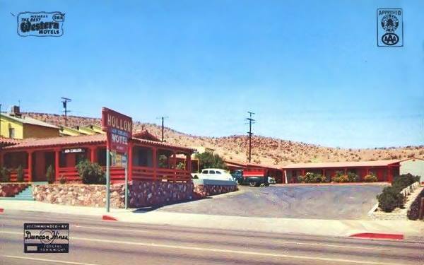 Old 1940s postcard showing the Hollon Motel on Route 66 in Barstow, California